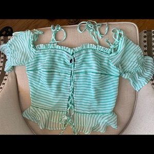 BEBE Aqua Green Stripe Crop Lace Up Cami Top | S